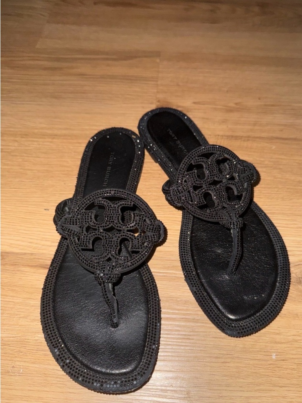 Tory Burch Black Crystal Logo Thong Sandals
